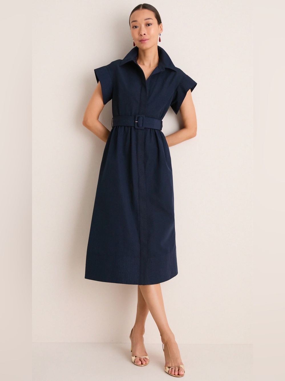 Tuckernuck Navy Blue Chloe Midi Dress Button Down Collared Belted Sz XL